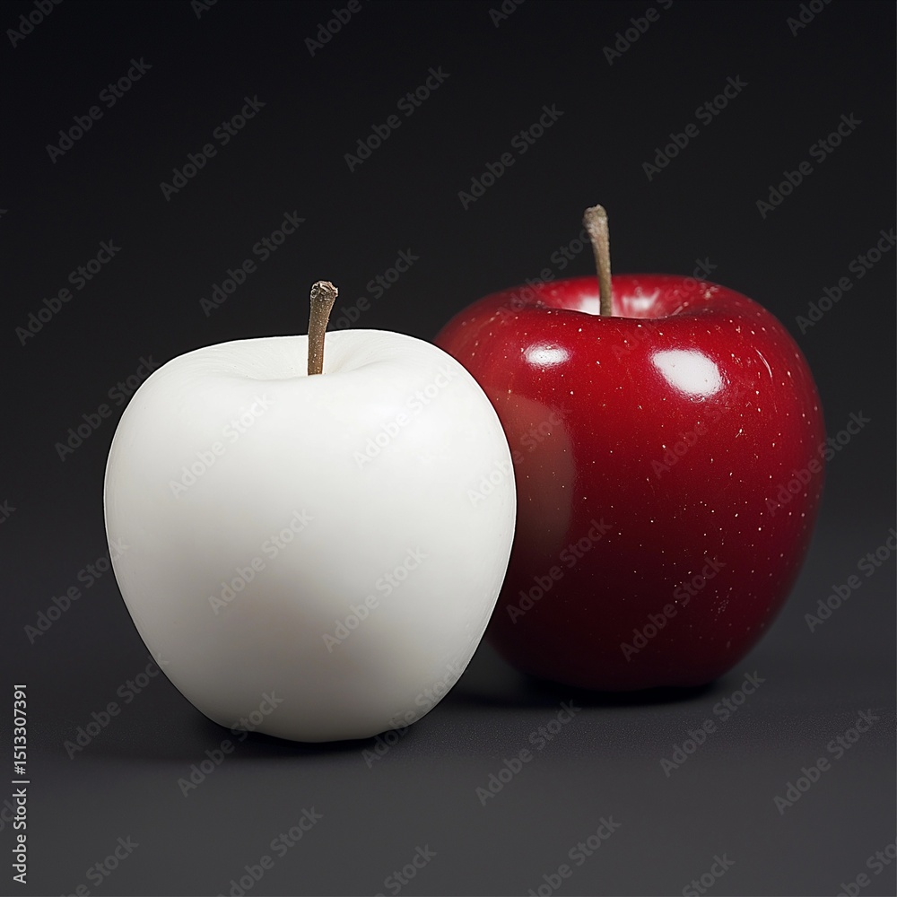 Obraz premium Red and White Apple on Black Background – Minimalist Macro Photography – High-Resolution Studio Shot