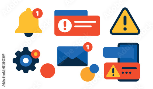 Flat vector icons of notifications and alerts: bell icon, alert pop-up, push notification, warning badge, notification settings, inbox alert, unread indicator, system alert.
