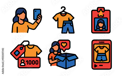 Flat vector icons of influencers and social fashion: fashion selfie, outfit of the day, influencer badge, collab post, brand tag, unboxing moment, follower counter, outfit reel.