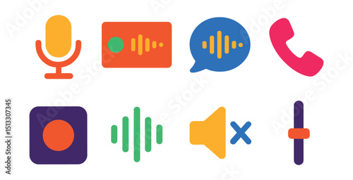 Flat vector icons of voice and audio communication: mic icon, voice memo, voice message bubble, audio call, recording icon, sound wave, mute toggle, volume slider.
