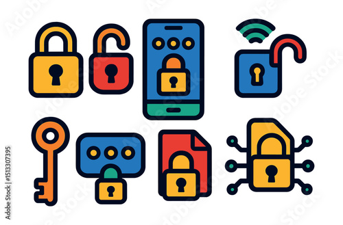 Flat vector icons of digital locks and protection: padlock icon, unlocked padlock, digital lock screen, smart lock, key icon, secure access, protected file, encrypted lock.
