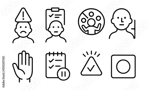 Line style icons of personal limits: overload alert, task limit icon, no multitasking badge, boundary setting symbol, saying no hand, task pause button, overcommit warning, minimal focus.