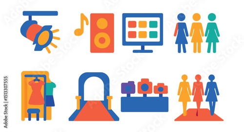 Flat vector icons of fashion runway elements: catwalk light, music cue, lineup board, model queue, style change station, stage outline, camera pit, final walk.