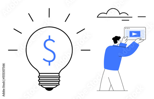 Lightbulb with dollar sign, man holding video screen under cloud. Ideal for innovation, technology, online education, investment, business strategy, productivity, simple landing page