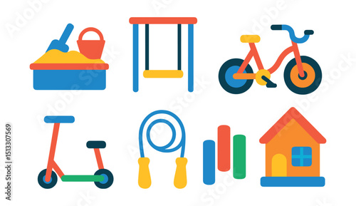 Flat vector icons of outdoor play for kids: sandbox, swing, slide, tricycle, scooter, jump rope, chalk, playhouse.