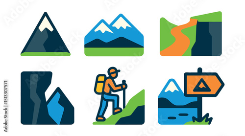 Flat vector icons of mountain scenery: mountain peak, snow-capped ridge, hiking trail, cliff edge, rock face, mountaineer icon, alpine lake, high altitude sign.