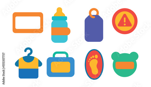 Flat vector icons of daycare labels and ID: name tag sticker, bottle label, bag tag, allergy alert label, clothing label, lunch ID tag, shoe label, toy name tag.