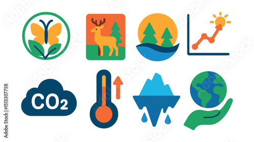 Flat vector icons of natural diversity and climate: biodiversity symbol, nature species icon, habitat variety, climate change graph, CO2 cloud, temperature shift, melting ice, earth care icon.