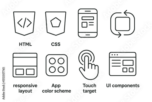Line style icons of frontend development: HTML icon, CSS badge, mobile preview screen, animation icon, responsive layout, app color scheme, touch target, UI components.
