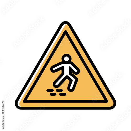 caution sign for slippery ground with pedestrian icon on yellow triangle background
