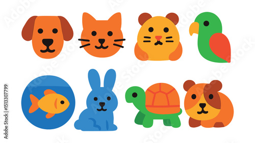 Flat vector icons of pet types: dog, cat, hamster, parrot, fish, rabbit, turtle, guinea pig.