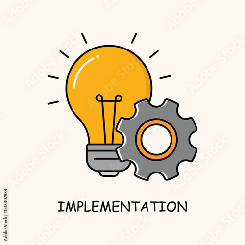 An implementation icon designed by combining a light bulb and gear, with simple, attractive, unique, informative, and creative colors and shapes