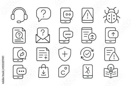 Line style icons of app support and maintenance: help center, support chat, mobile FAQ, report issue, bug tracker, help request, contact support, mobile guide, app update icon, changelog tag, version