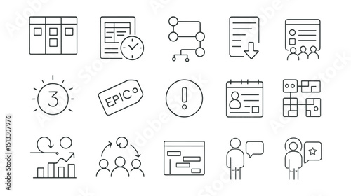 Line style icons of planning and agile processes: agile board, sprint planning, feature roadmap, backlog icon, story points, epic tag, task priority, team planner, iteration path, velocity chart,