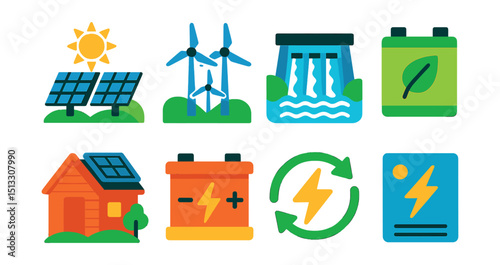 Flat vector icons of clean energy in nature: solar field, wind farm, hydroelectric dam, eco battery icon, off-grid cabin, energy storage, renewable icon, power inverter.