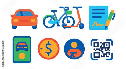 Flat vector icons of rental and shared transport: rental car, bike share, scooter dock, rental agreement, app rental UI, hourly pricing, shared vehicle icon, unlock QR.