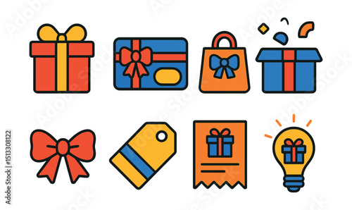 Flat vector icons of gifts and special purchases: wrapped gift, gift card, present bag, celebration box, ribbon icon, occasion tag, gift receipt, gift idea icon.