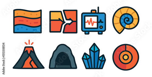 Flat vector icons of geology and earth science: rock layer icon, tectonic plate, seismograph, fossil symbol, volcano model, cave icon, mineral crystal, core diagram.