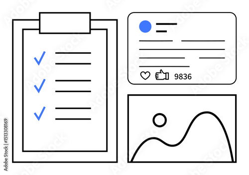 Checklist with checkmarks, social post with engagement metrics, and a basic line chart. Ideal for productivity, analytics, social media, workflow, UIUX design, planning and a simple landing page