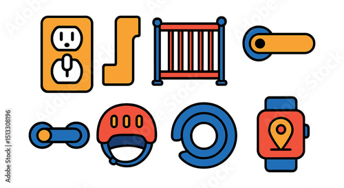 Flat vector icons of parenting safety tools: outlet cover, corner guard, baby gate, door lock, cabinet latch, baby helmet, soft bumper, child tracker.