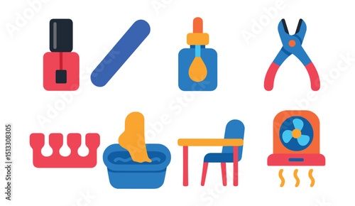 Flat vector icons of manicure and pedicure: nail polish, nail file, cuticle oil, nail clippers, toe separator, foot spa, manicure table, drying fan.