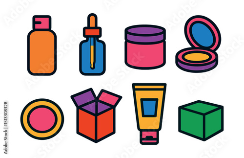 Flat vector icons of beauty products and packaging: product bottle, dropper vial, jar with lid, compact powder, label design, open box, skincare tube, minimalist pack.