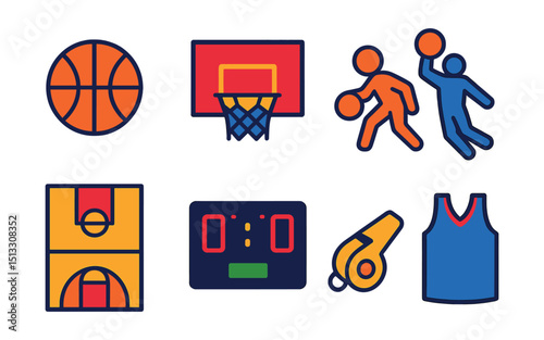 Flat vector icons of basketball: basketball, hoop, dribble move, slam dunk, basketball court, scoreboard, referee whistle, team jersey.