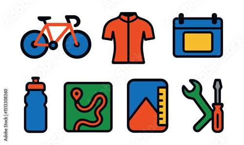Flat vector icons of cycling: bicycle, helmet icon, cycling jersey, race bib, water bottle, route map, climb meter, bike tools.