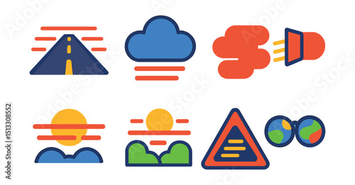 Flat vector icons of fog and low visibility: foggy road, mist cloud, dense fog icon, low beams, hidden sun, morning haze, fog advisory, blurry view.