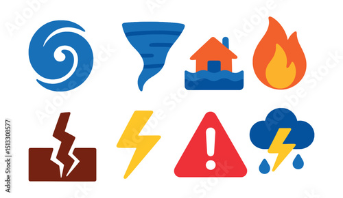 Flat vector icons of natural disasters: hurricane swirl, tornado icon, flood house, wildfire flame, earthquake crack, lightning strike, disaster alert, extreme weather icon.