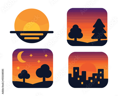 Flat vector icons of sunset and evening: sun setting icon, orange sky, dusk gradient, silhouette of trees, fading light, twilight icon, evening chill, sunset over city.