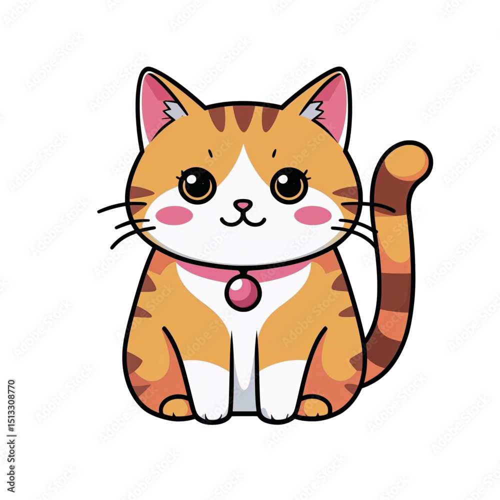 Obraz premium Cute cartoon tabby cat with pink collar. Vector