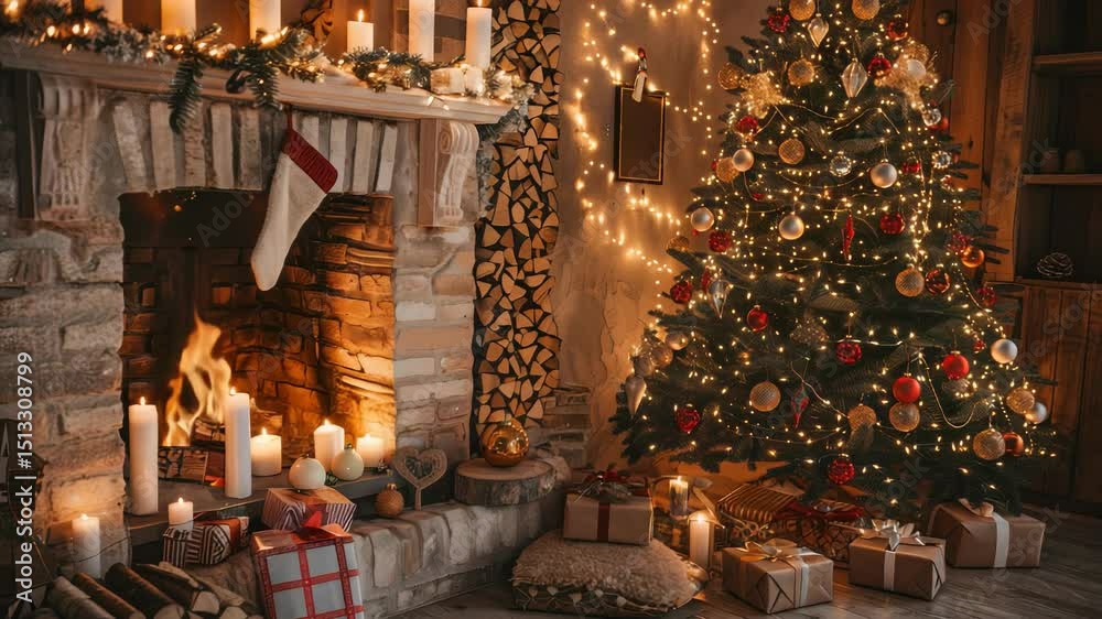 Warm, inviting holiday scene featuring a glowing fireplace with a stocking, surrounded by presents and candles. A beautifully decorated Christmas tree stands nearby, with soft lights.