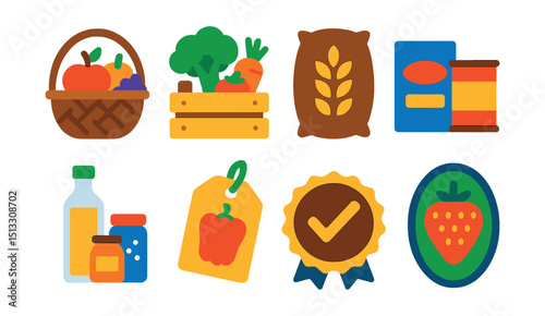 Flat vector icons of food and agriculture output: fruit basket, vegetable crate, wheat sack, processed food icon, cooking ingredients, labeled produce, quality stamp, fresh product.