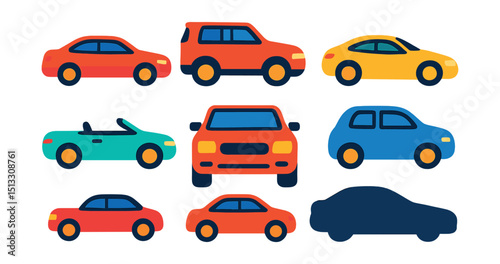 Flat vector icons of cars and vehicles: sedan car, SUV, sports car, compact car, convertible, car front view, side profile, car silhouette.