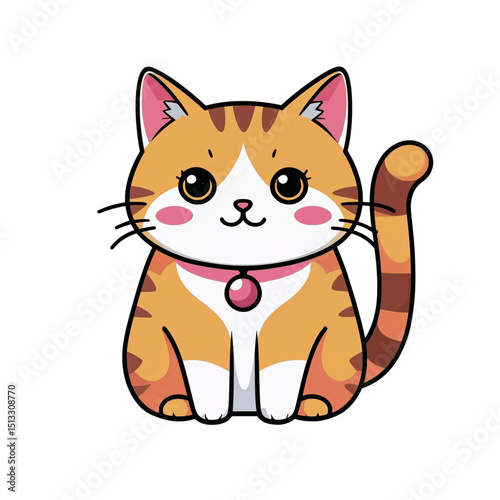 Cute cartoon tabby cat with pink collar. Vector