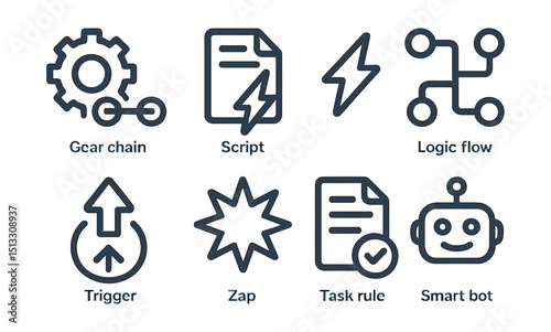 Outline with Fill icon set for automation tools: gear chain, script lightning, auto-send, logic flow, trigger icon, zap symbol, task rule, smart bot.