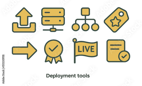 Outline with Fill style icons of deployment tools: upload icon, server box, deployment chart, release tag, delivery arrow, success badge, live flag, change log.