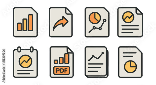 Outline with Fill vector icons of report building: bar report, export file, analytics sheet, data doc, summary graph, weekly log, PDF chart, report icon.