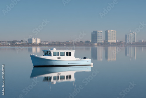 small motor vessel gently floating on calm waters centered in frame photo