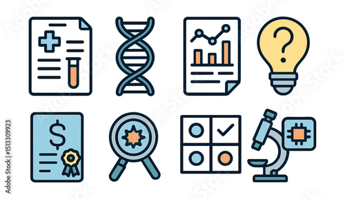 Outline with Fill icon set for medical research: lab report, genome strand, statistics page, hypothesis bulb, research grant, discovery spark, comparison grid, AI in lab.