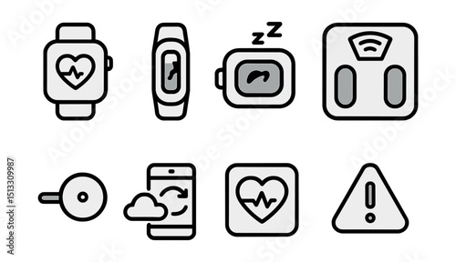 Outline with Fill icon set for smart health tech: smartwatch, fitness tracker, sleep monitor, connected scale, glucose sensor, app sync, heart stats, alert icon.