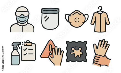 Outline with Fill style icons of cross-infection control: PPE icon, face shield, N95 mask, gown hanger, disinfection checklist, contact area alert, dirty zone, glove removal.