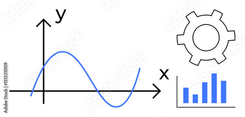 Graph with sinuous line, gear icon, and bar chart representing data analysis, optimization, and progress. Ideal for data visualization, process management, analytics, growth strategy reporting