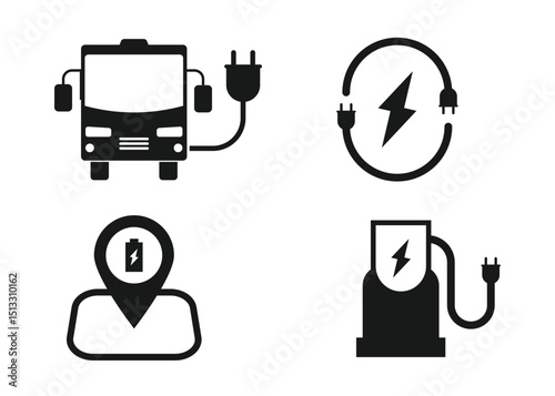 icons for Electric Bus, bus charging. stock illustration