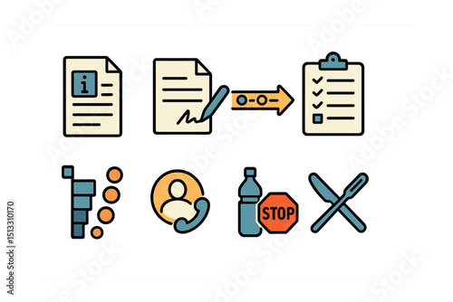 Outline with Fill icon set for sedation consent & prep: info sheet, consent signature, prep timeline, monitoring checklist, sedation levels chart, guardian contact, hydration stop, fasting reminder.