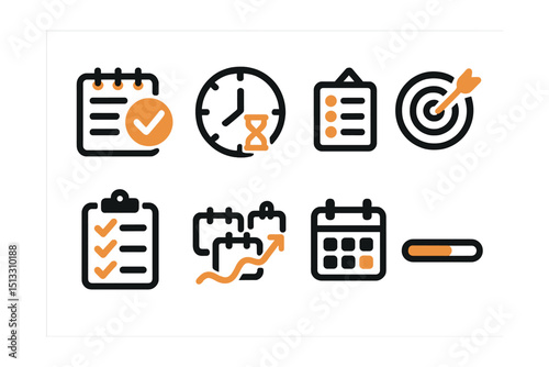 Two-Color vector icons of productivity apps: daily planner, focus timer, priority list, goal tracker. Task organizer, productivity streak, calendar view, progress bar.