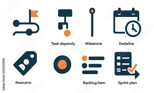 Two-Color vector icons of project planning: project roadmap, task dependency, milestone icon, deadline countdown. Resource tag, task status dot, backlog item, sprint plan.