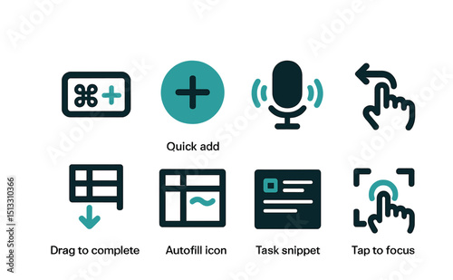 Two-Color vector icons of productivity shortcuts: keyboard shortcut, quick add icon, voice task input, swipe gesture. Drag to complete, auto-fill icon, task snippet, tap to focus.
