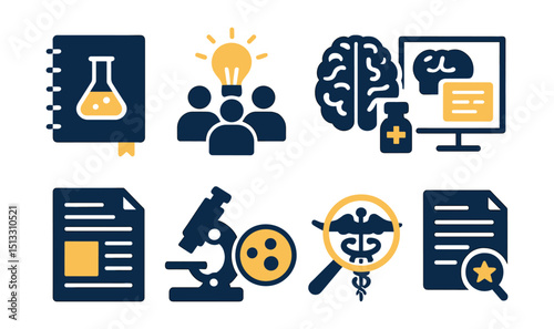 Two-Color vector icons of research: lab notebook, research team, brain scan, clinical trial icon. Published article, microscope result, medical discovery, peer review.